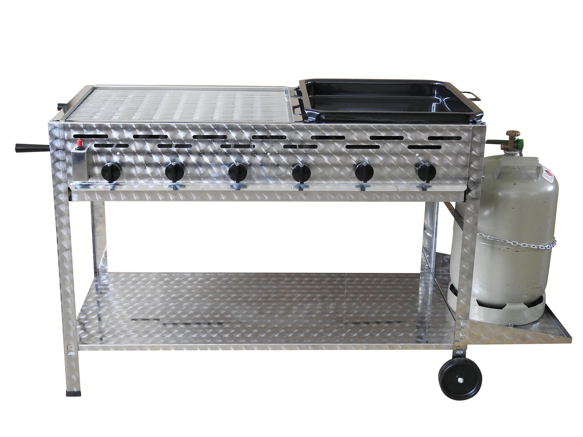 Profi-Gasgrill 6 flammig, fahrbar 3/5 Rost und 2/5 Pfanne