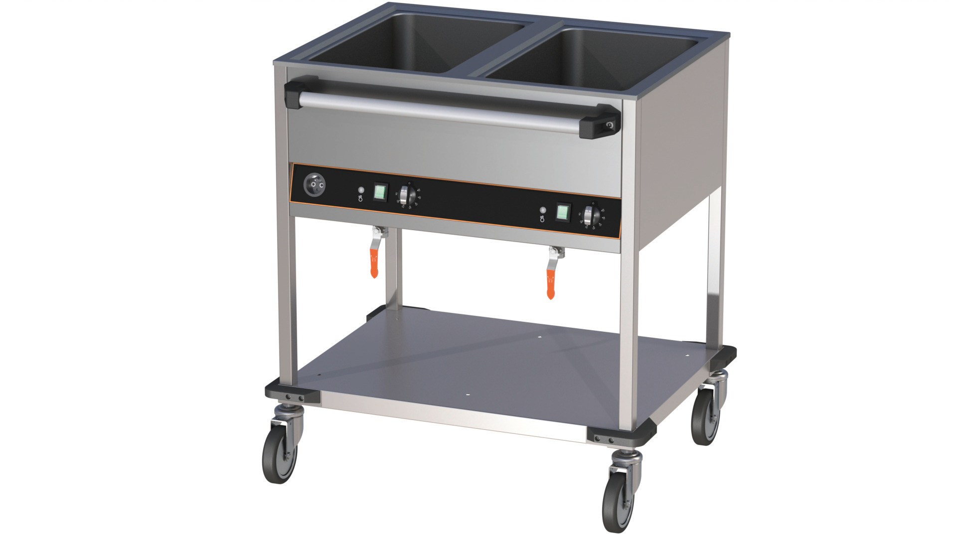 Bain-Marie Wagen 2 x GN 1/1 Bedienleiste lange Seite 2 Becken offener Unterbau