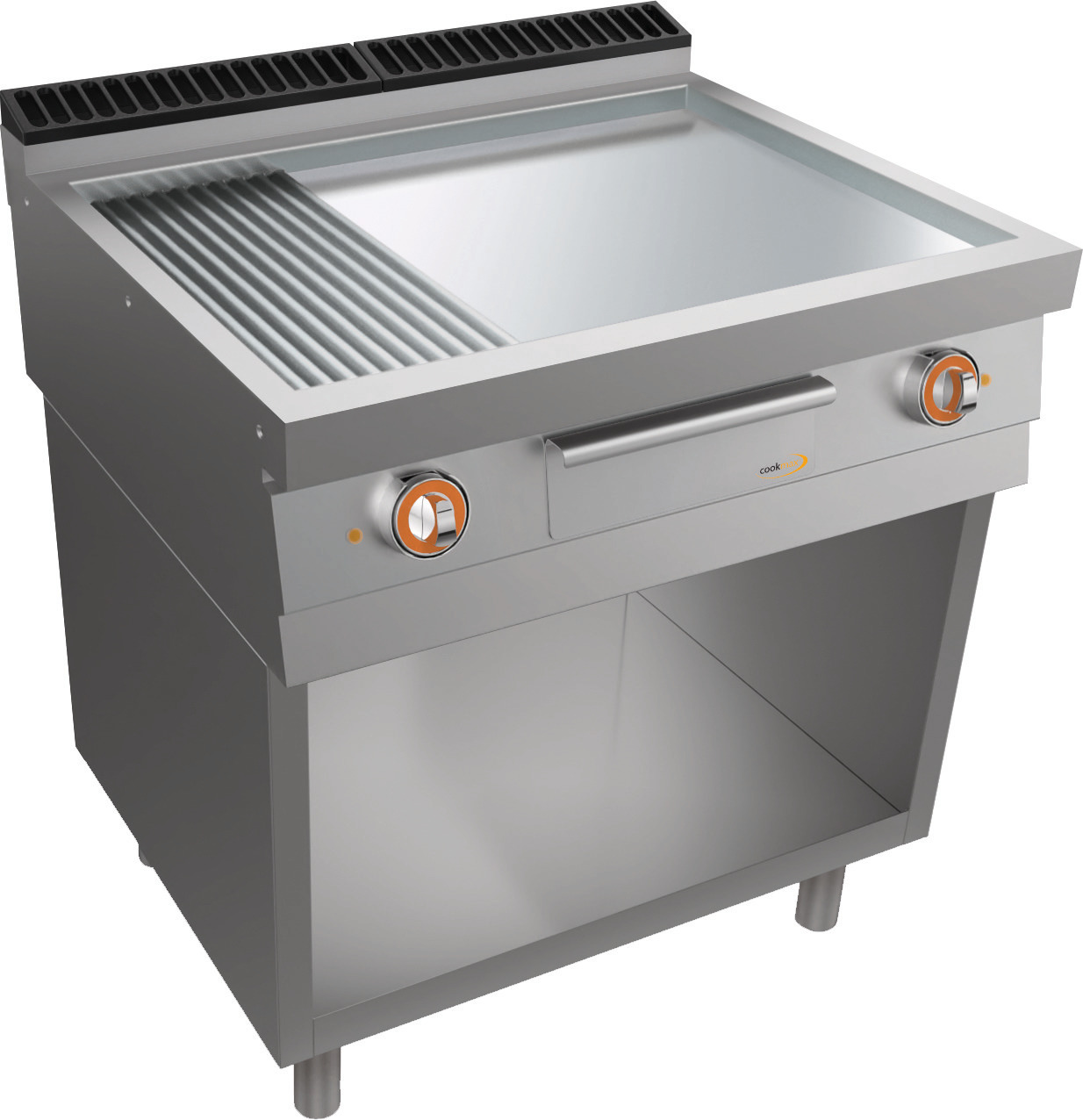 Elektro-Grillplatte, 1/3 gerillt + 2/3 glatt,verchromt, Unterbau m.Türen