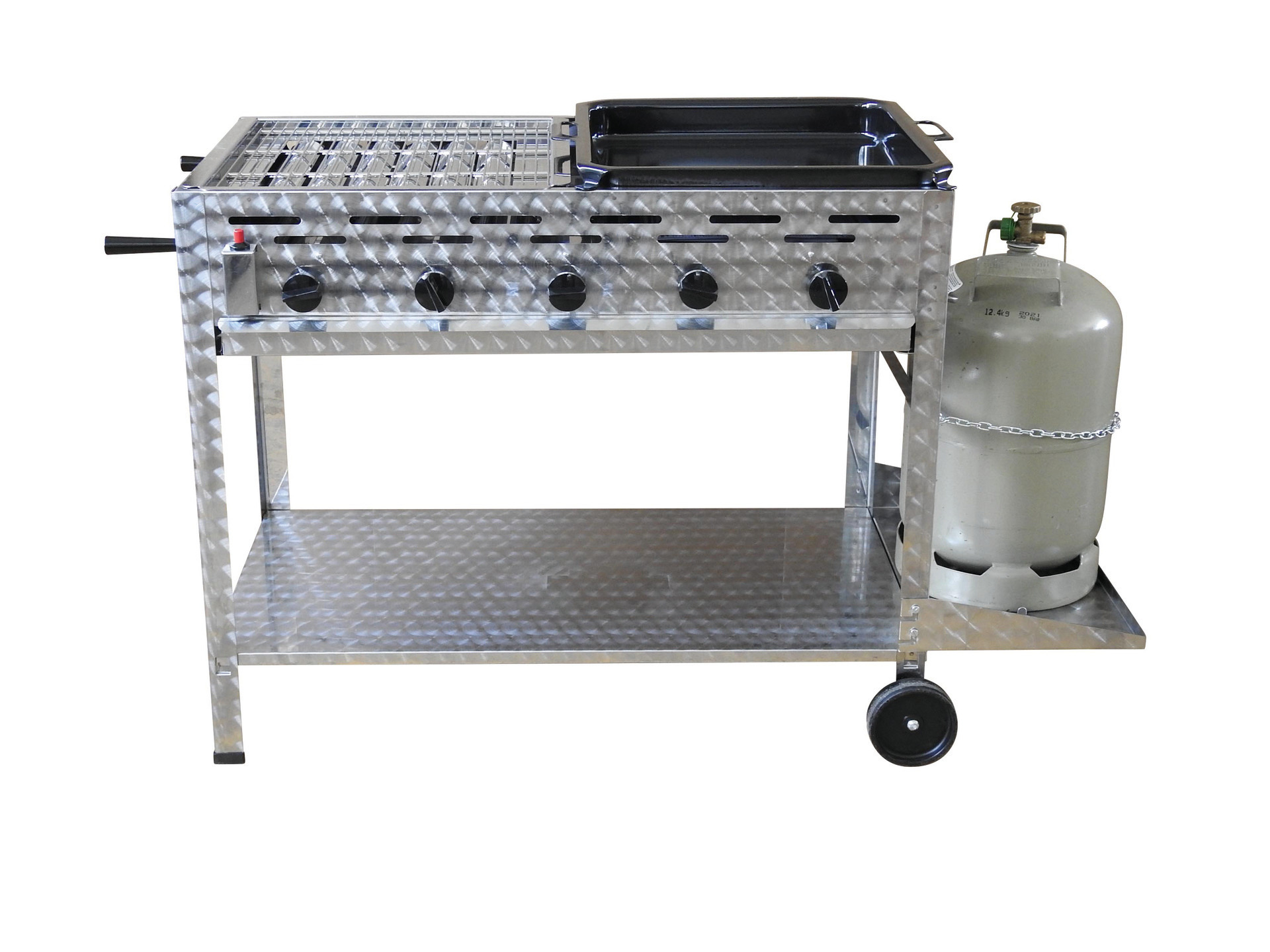 Profi-Gasgrill 5 flammig, fahrbar, 1/2 Rost und 1/2 Pfanne