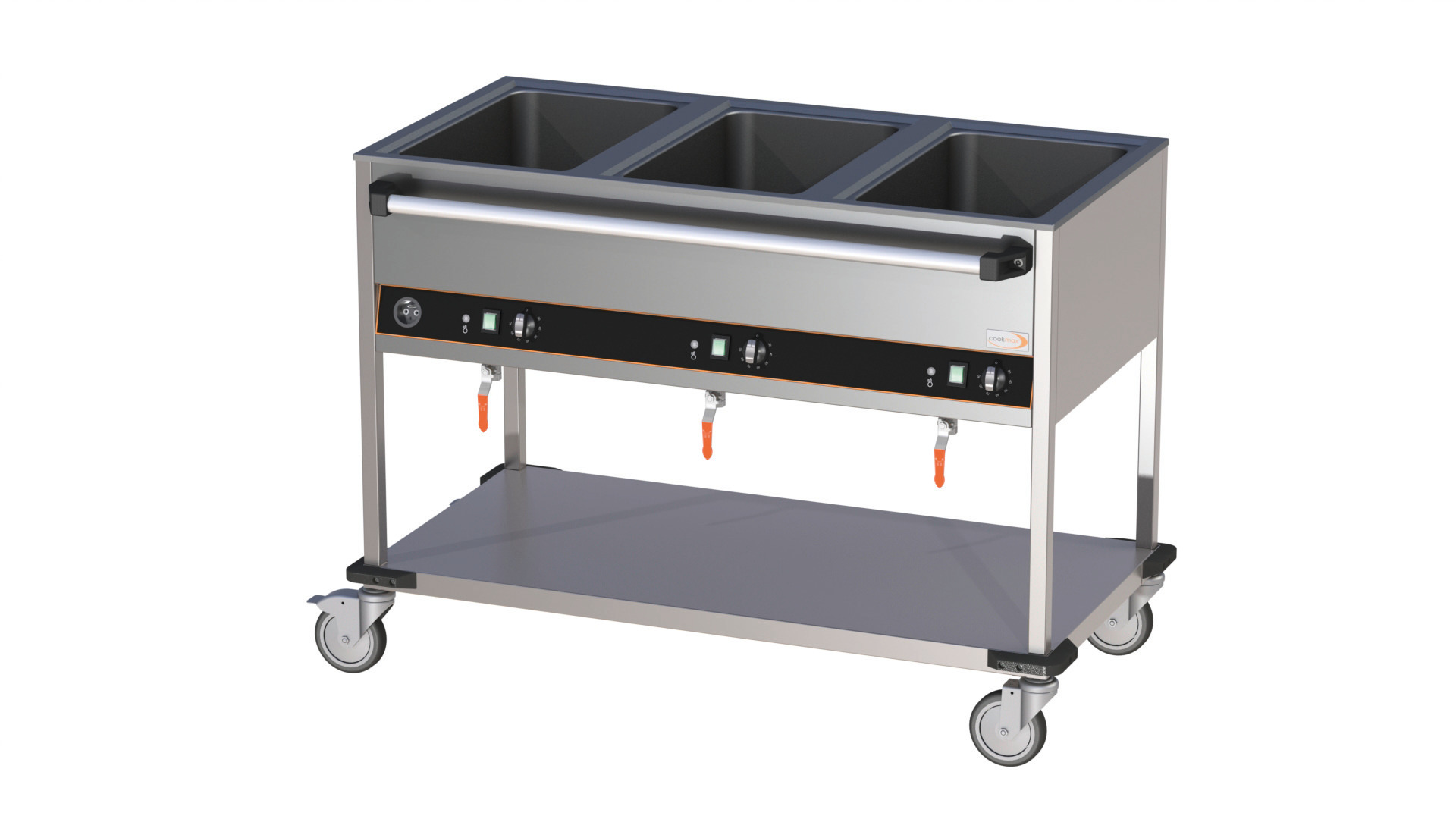 Bain-Marie Wagen 3 x GN 1/1 Bedienleiste lange Seite 3 Becken offener Unterbau